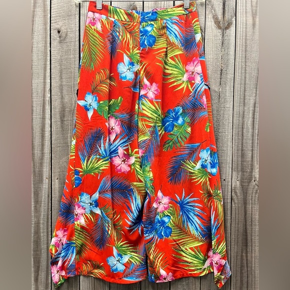 Tropical print pants open leg red Romeo & Juliet couture hawaiian style pants m - Picture 2 of 15